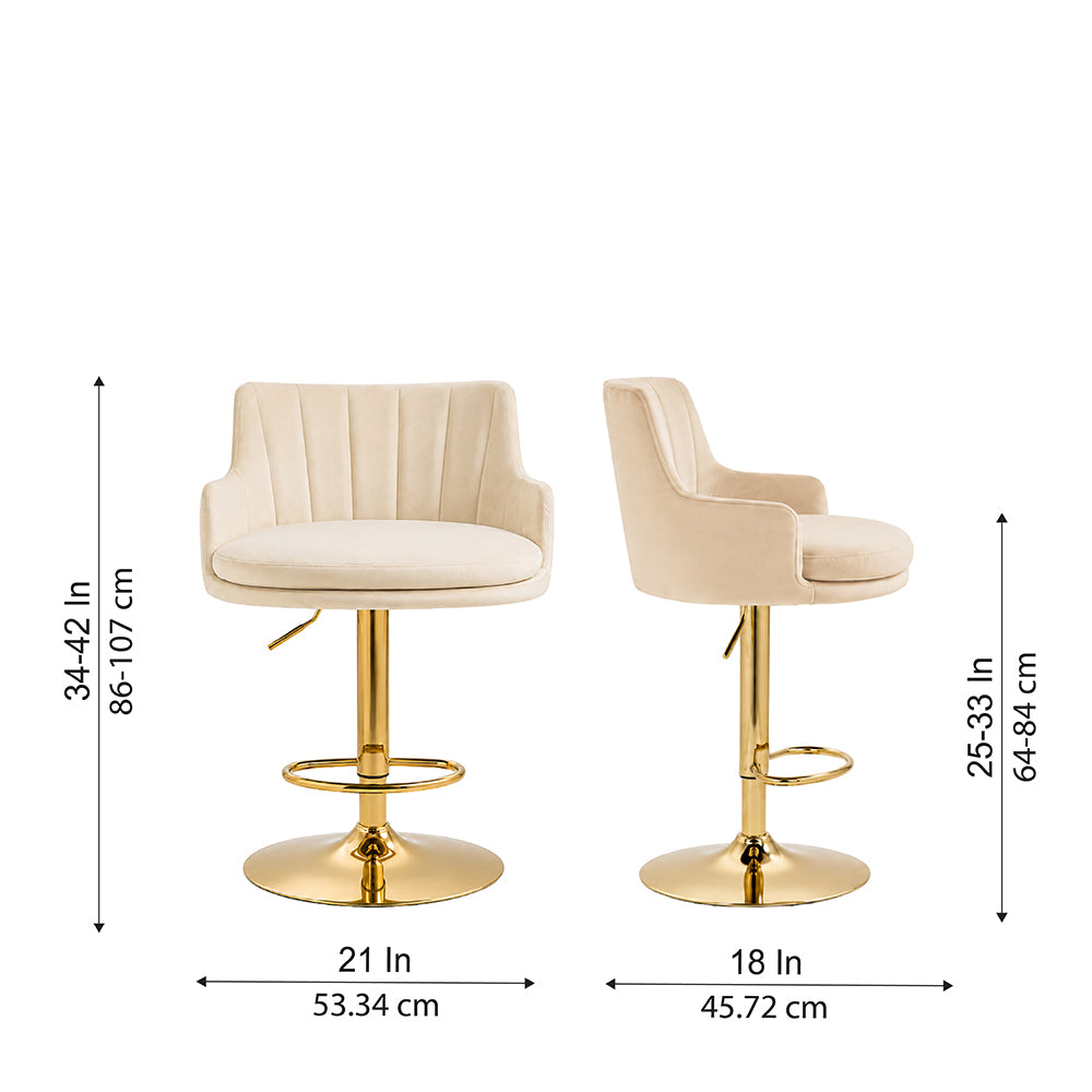 Solven Beige Velvet Adjustable Swivel Bar Stool with Gold Hydraulic Pedestal Base
