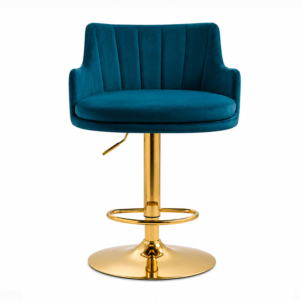 Solven Teal Velvet Adjustable Swivel Bar Stool with Gold Hydraulic Pedestal Base