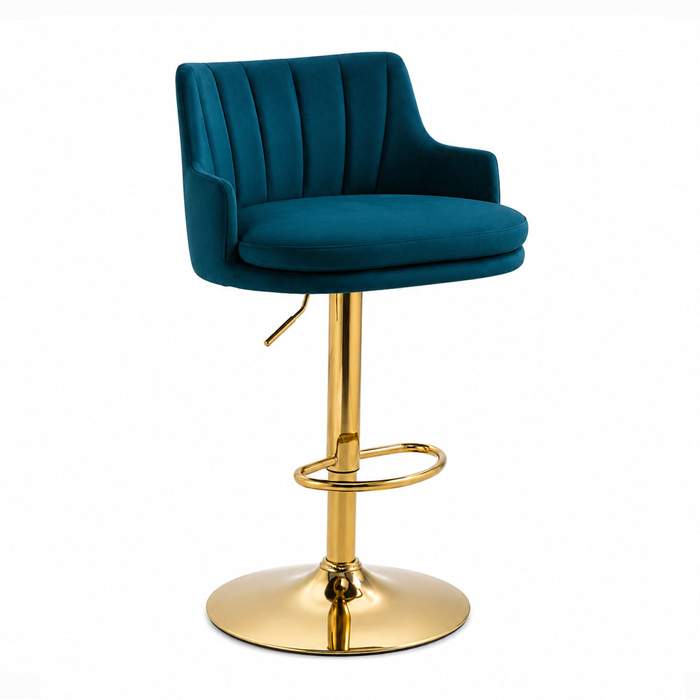 Solven Teal Velvet Adjustable Swivel Bar Stool with Gold Hydraulic Pedestal Base