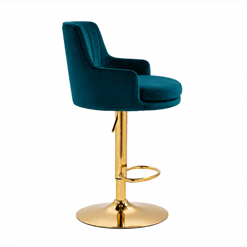 Solven Teal Velvet Adjustable Swivel Bar Stool with Gold Hydraulic Pedestal Base