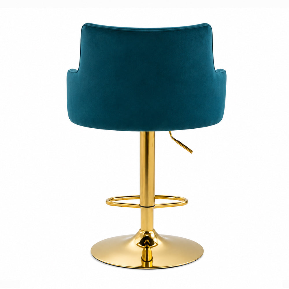 Solven Teal Velvet Adjustable Swivel Bar Stool with Gold Hydraulic Pedestal Base