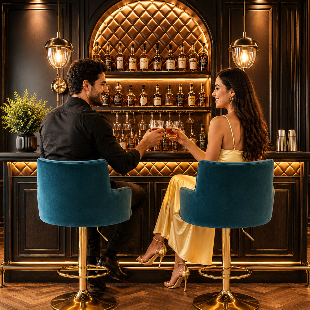Solven Teal Velvet Adjustable Swivel Bar Stool with Gold Hydraulic Pedestal Base