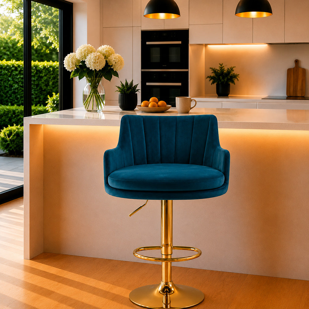 Solven Teal Velvet Adjustable Swivel Bar Stool with Gold Hydraulic Pedestal Base