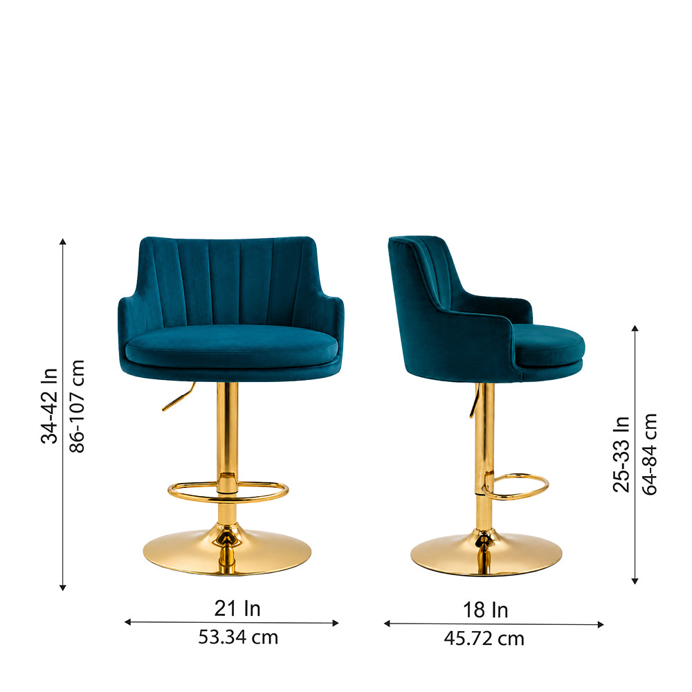 Solven Teal Velvet Adjustable Swivel Bar Stool with Gold Hydraulic Pedestal Base