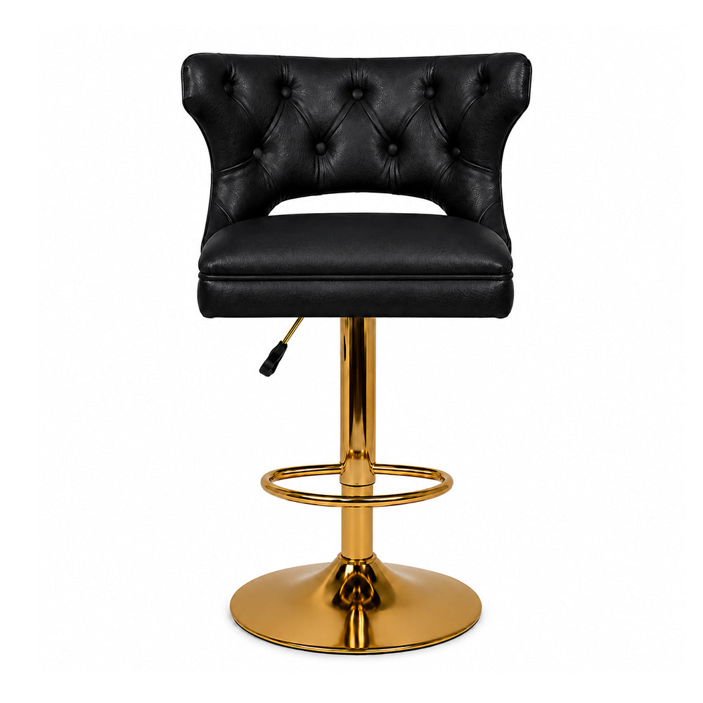 Verona Black Faux Leather Tufted Adjustable Swivel Bar Stool with Gold Hydraulic Base