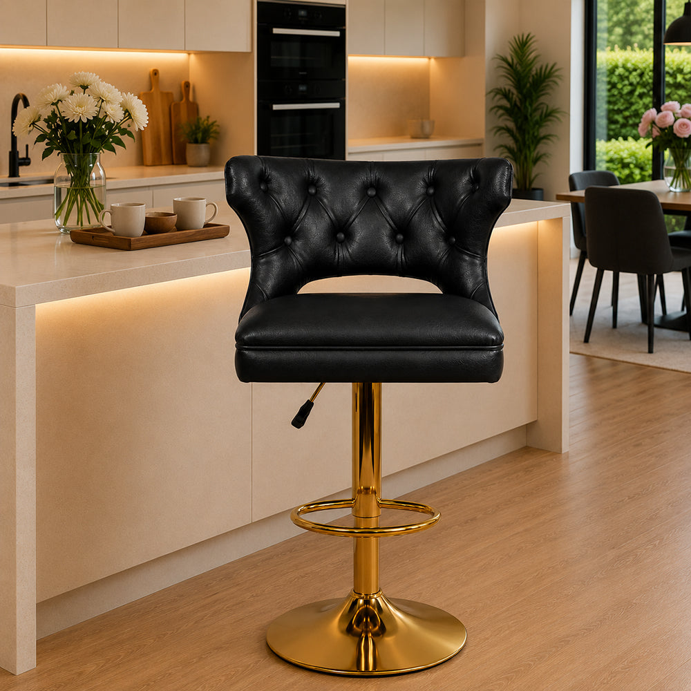 Verona Black Faux Leather Tufted Adjustable Swivel Bar Stool with Gold Hydraulic Base