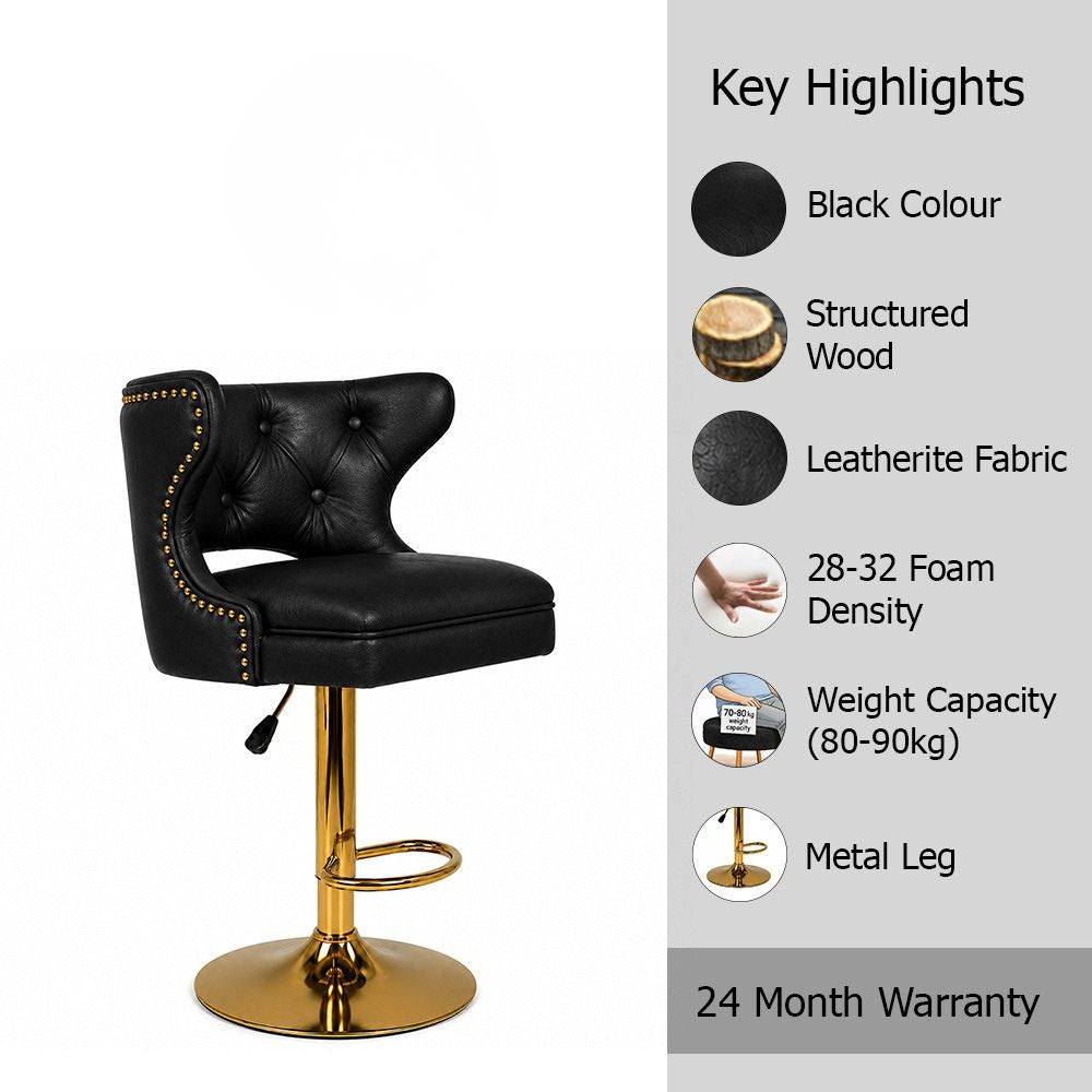 Verona Black Faux Leather Tufted Adjustable Swivel Bar Stool with Gold Hydraulic Base