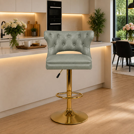 Verona Sage Faux Leather Tufted Adjustable Swivel Bar Stool with Gold Hydraulic Base