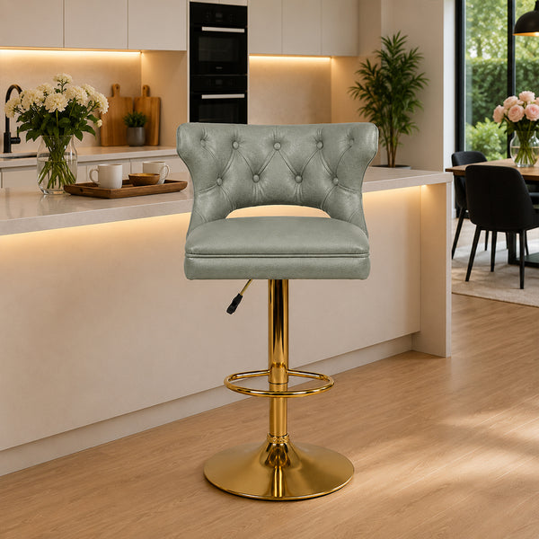 Verona Sage Faux Leather Tufted Adjustable Swivel Bar Stool with Gold Hydraulic Base