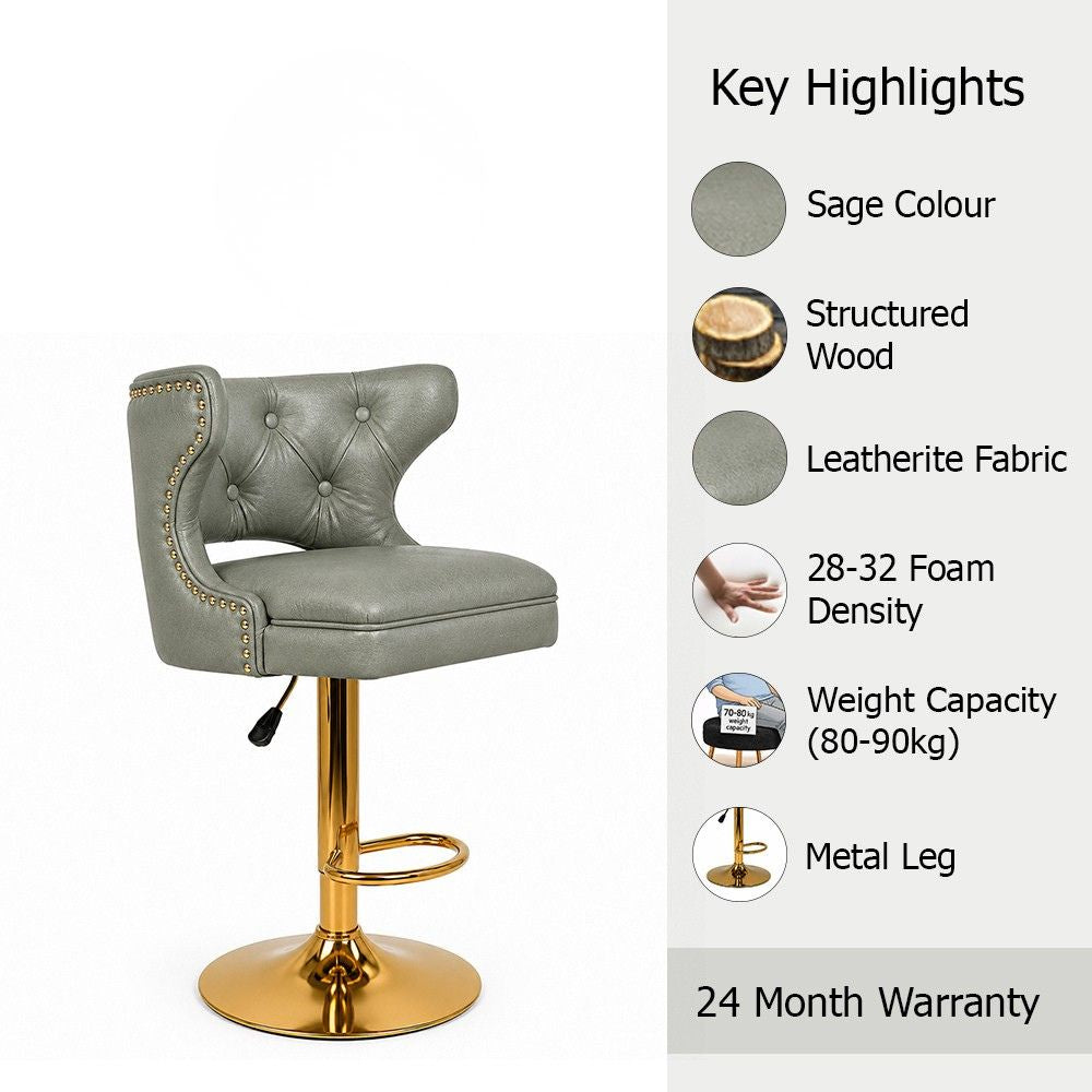 Verona Sage Faux Leather Tufted Adjustable Swivel Bar Stool with Gold Hydraulic Base