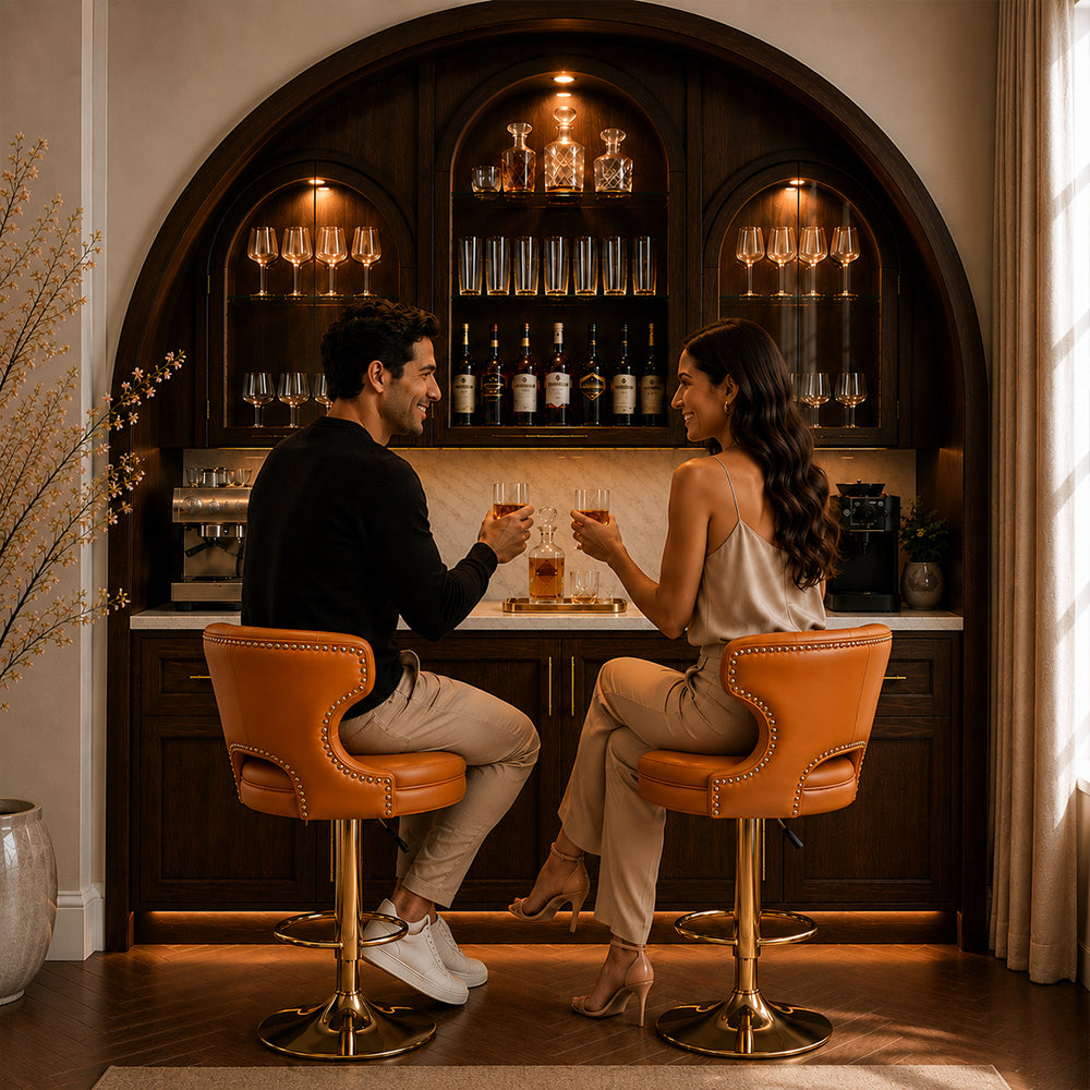 Verona Tan Faux Leather Tufted Adjustable Swivel Bar Stool with Gold Hydraulic Base