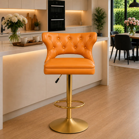 Verona Tan Faux Leather Tufted Adjustable Swivel Bar Stool with Gold Hydraulic Base
