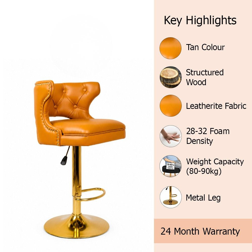 Verona Tan Faux Leather Tufted Adjustable Swivel Bar Stool with Gold Hydraulic Base