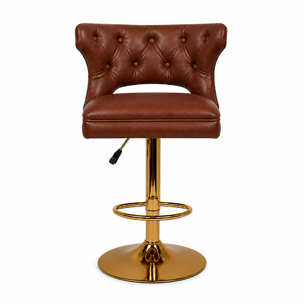 Verona Brown Faux Leather Tufted Adjustable Swivel Bar Stool with Gold Hydraulic Base