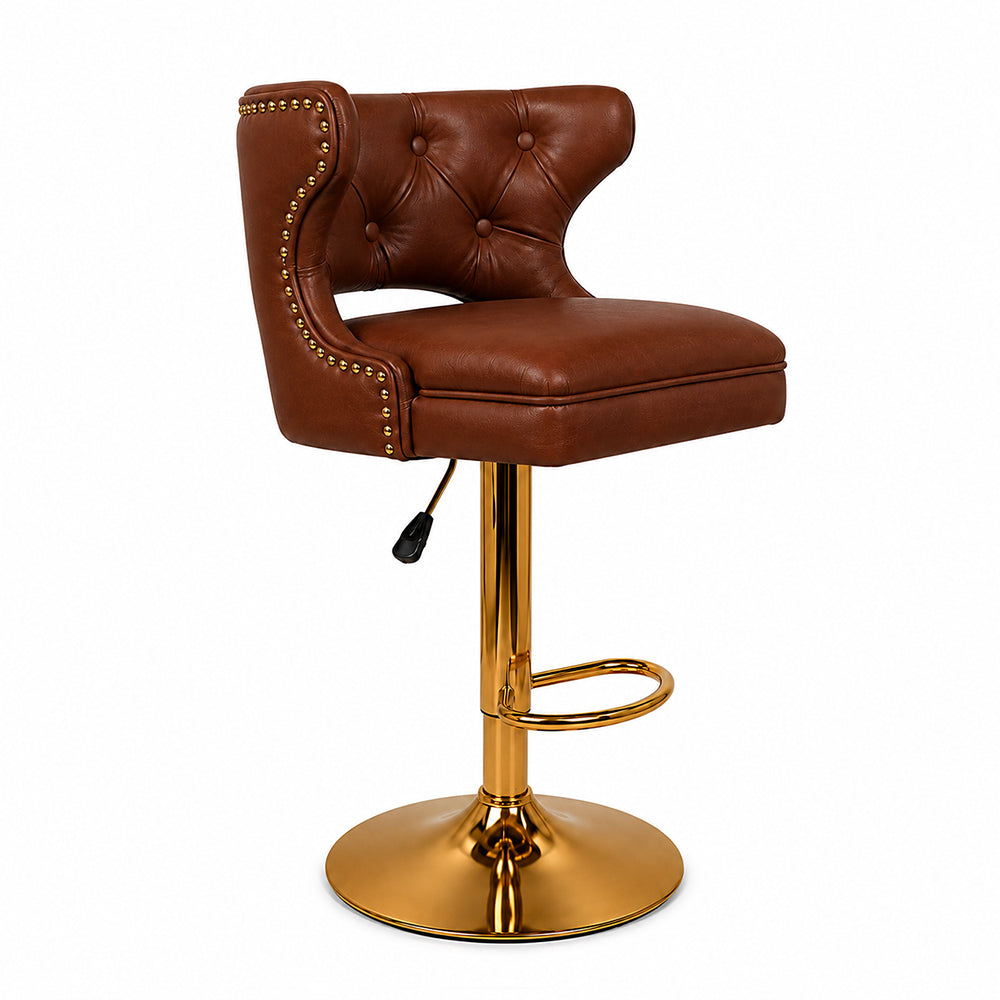 Verona Brown Faux Leather Tufted Adjustable Swivel Bar Stool with Gold Hydraulic Base