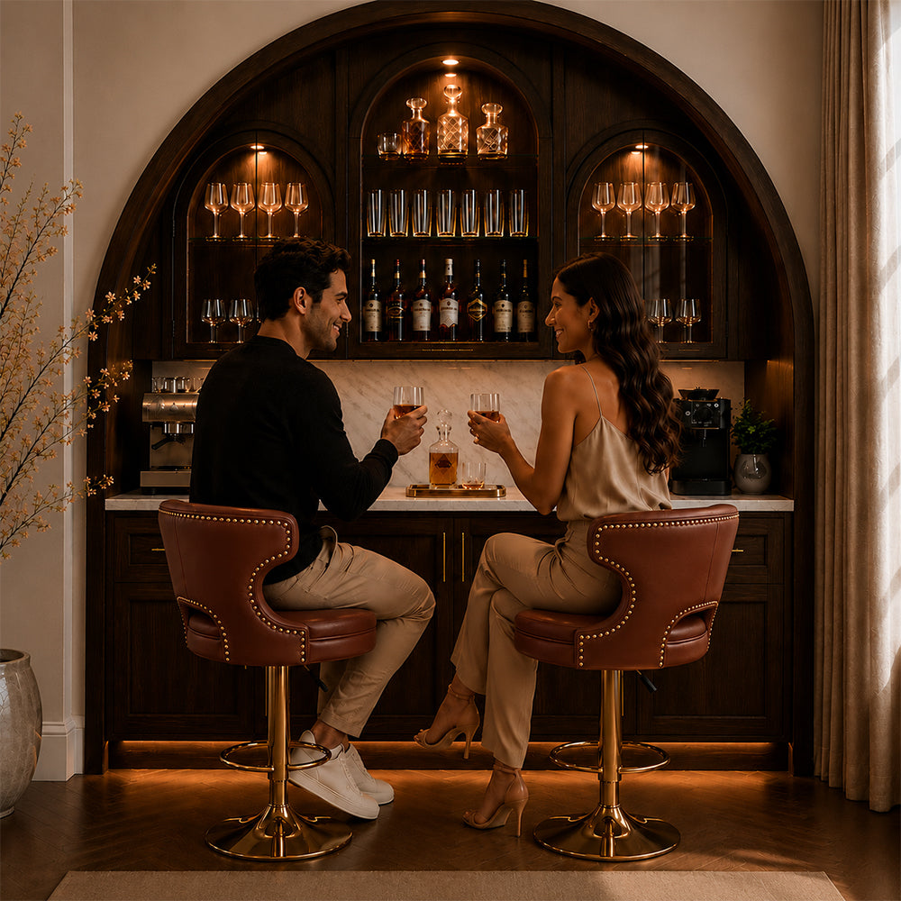 Verona Brown Faux Leather Tufted Adjustable Swivel Bar Stool with Gold Hydraulic Base
