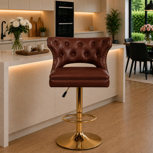Verona Brown Faux Leather Tufted Adjustable Swivel Bar Stool with Gold Hydraulic Base