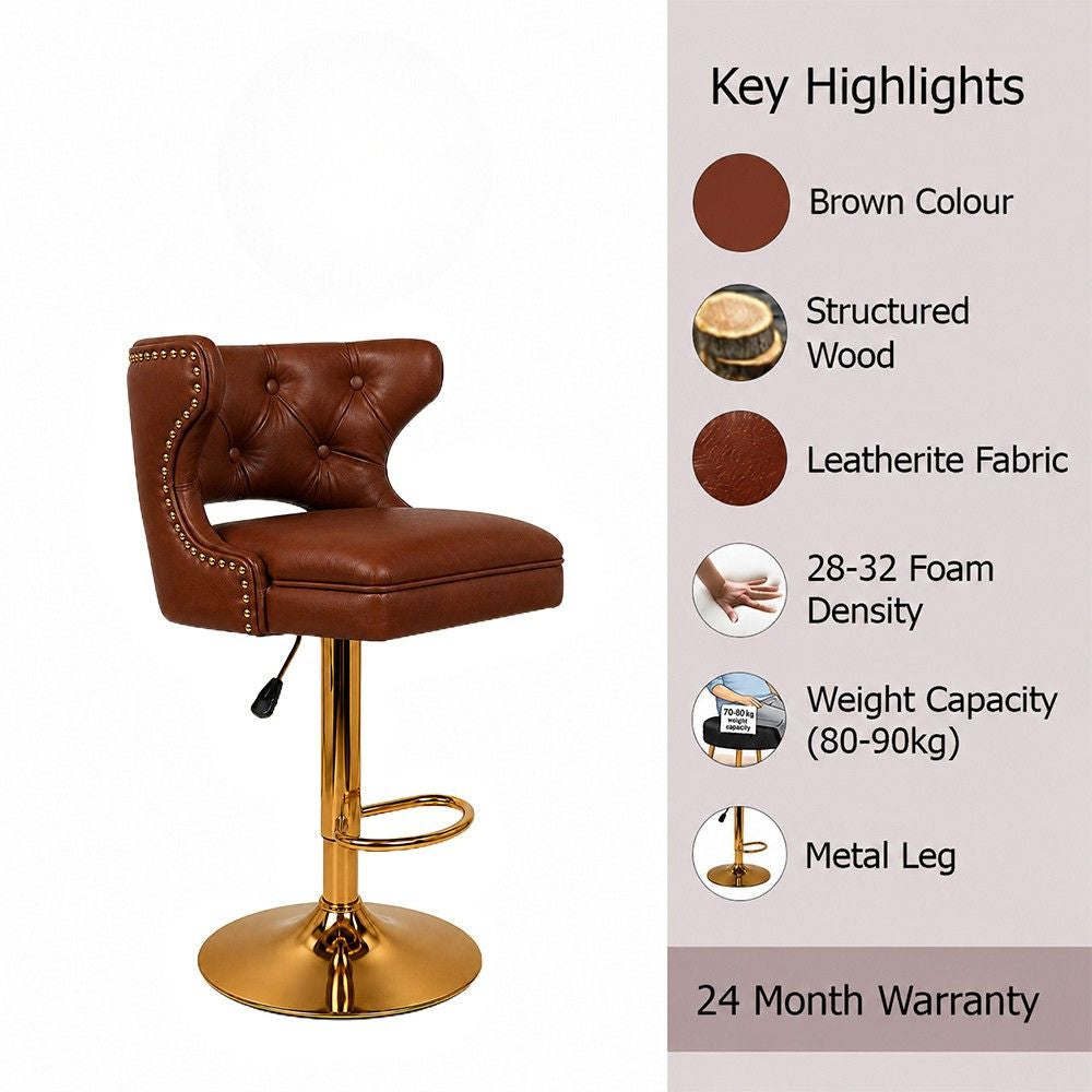 Verona Brown Faux Leather Tufted Adjustable Swivel Bar Stool with Gold Hydraulic Base