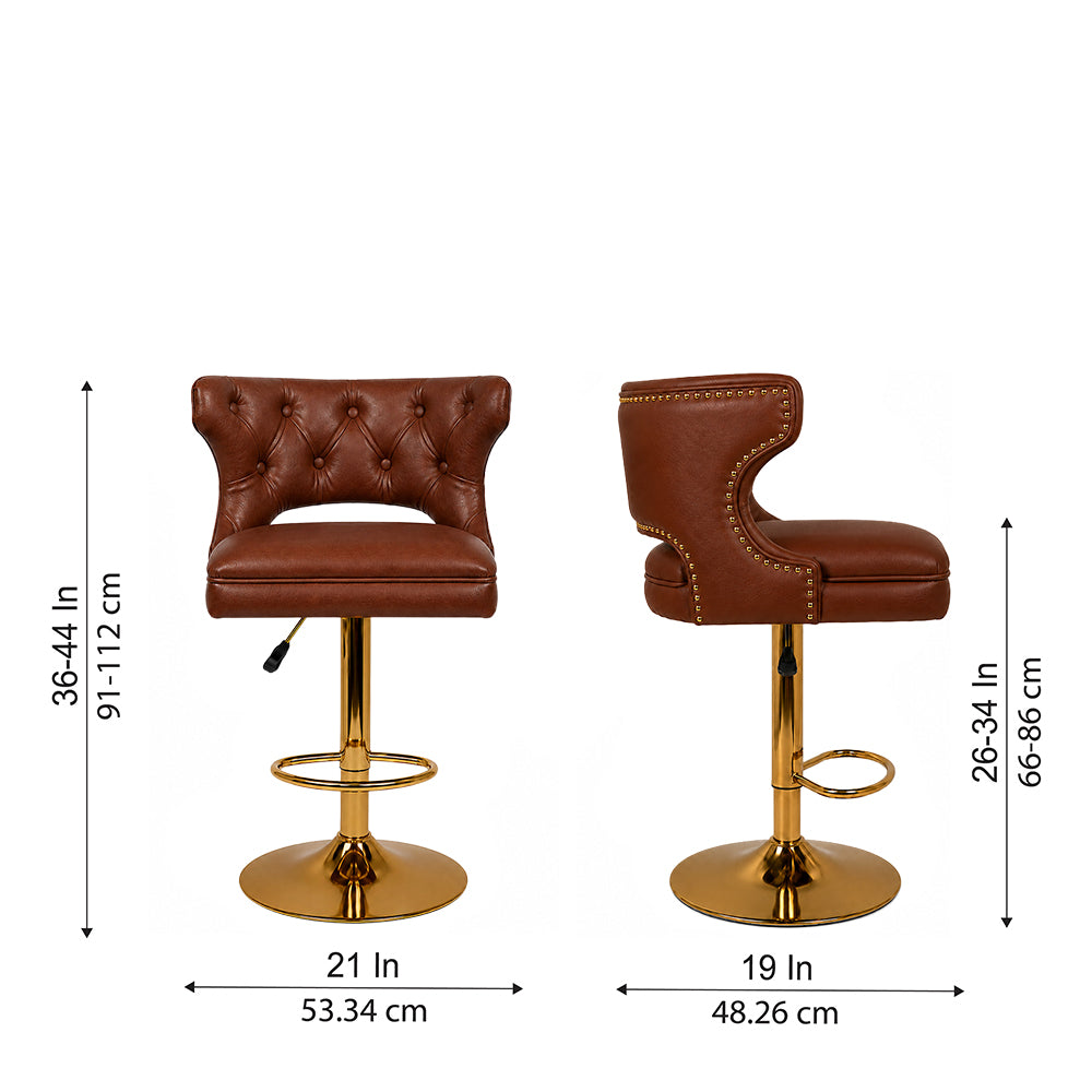 Verona Brown Faux Leather Tufted Adjustable Swivel Bar Stool with Gold Hydraulic Base