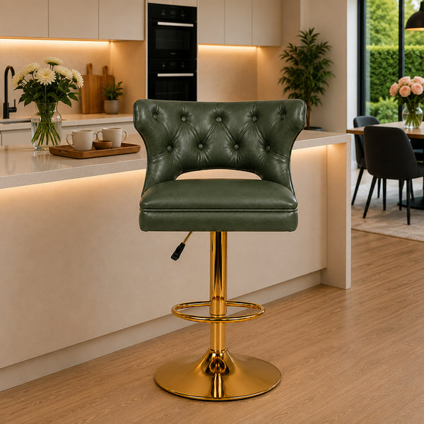 Verona Green Faux Leather Tufted Adjustable Swivel Bar Stool with Gold Hydraulic Base