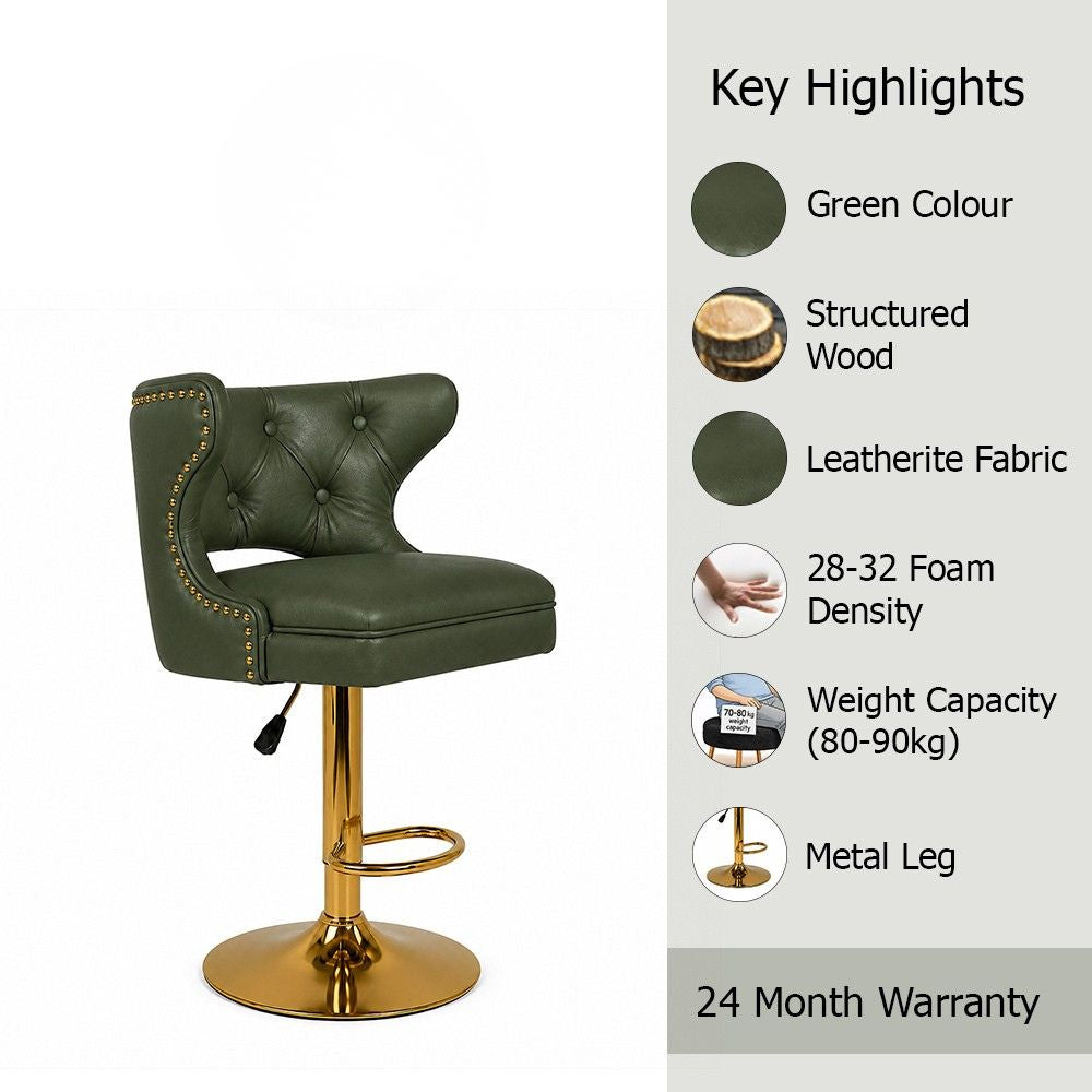 Verona Green Faux Leather Tufted Adjustable Swivel Bar Stool with Gold Hydraulic Base