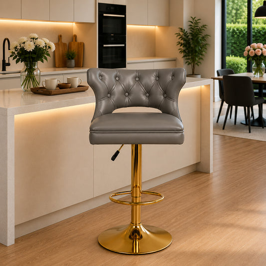 Verona Grey Faux Leather Tufted Adjustable Swivel Bar Stool with Gold Hydraulic Base