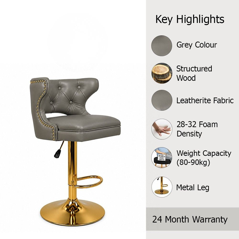 Verona Grey Faux Leather Tufted Adjustable Swivel Bar Stool with Gold Hydraulic Base
