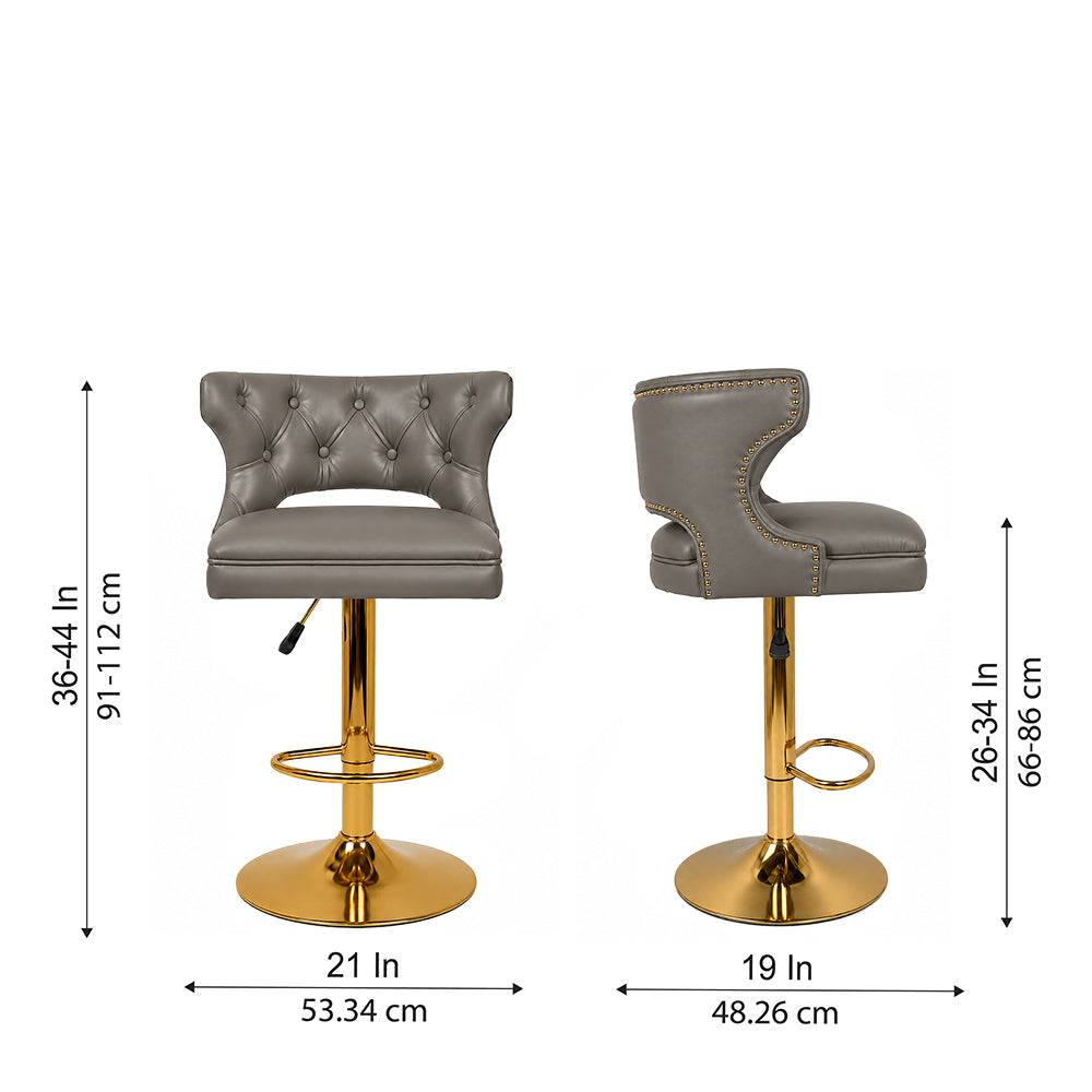 Verona Grey Faux Leather Tufted Adjustable Swivel Bar Stool with Gold Hydraulic Base