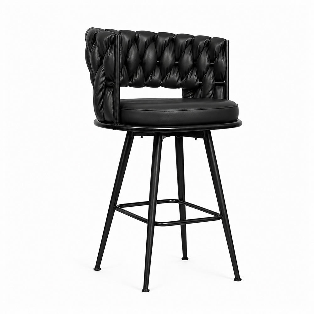 Presley Black Braided Faux Leather Bar Stool with Black Metal Legs