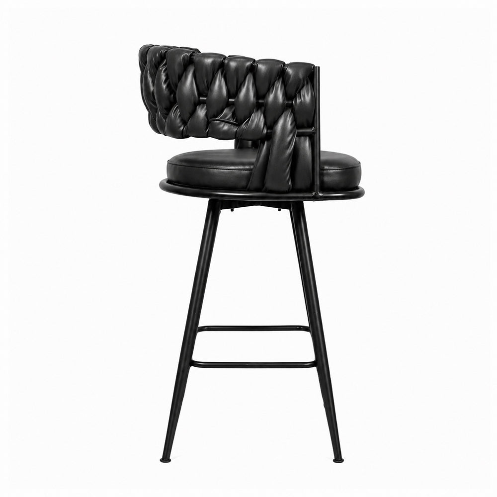 Presley Black Braided Faux Leather Bar Stool with Black Metal Legs