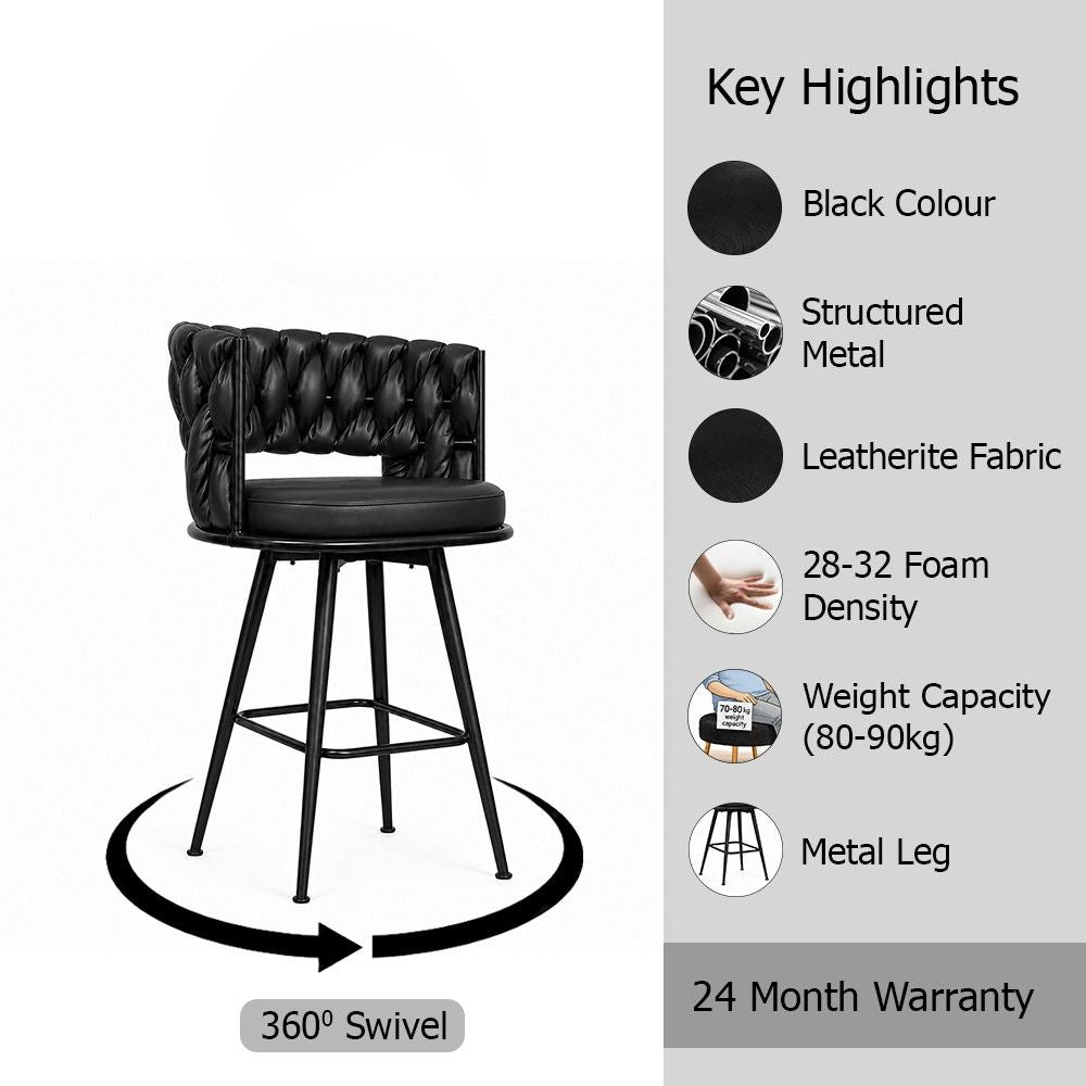 Presley Black Braided Faux Leather Bar Stool with Black Metal Legs