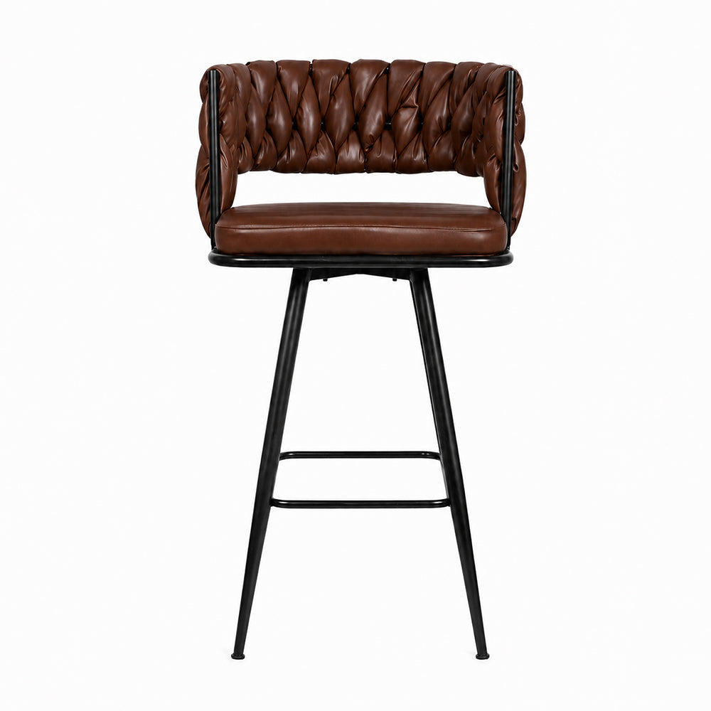 Presley Brown Braided Faux Leather Bar Stool with Black Metal Legs