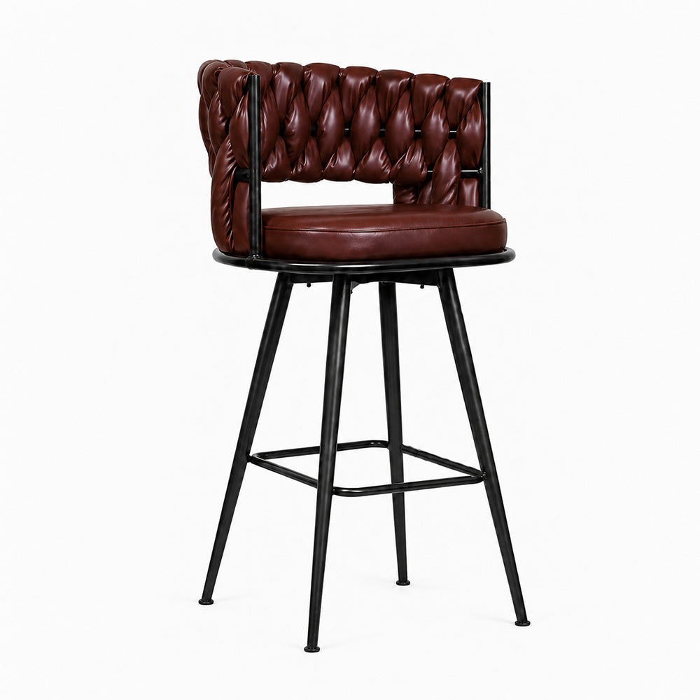 Presley Brown Braided Faux Leather Bar Stool with Black Metal Legs