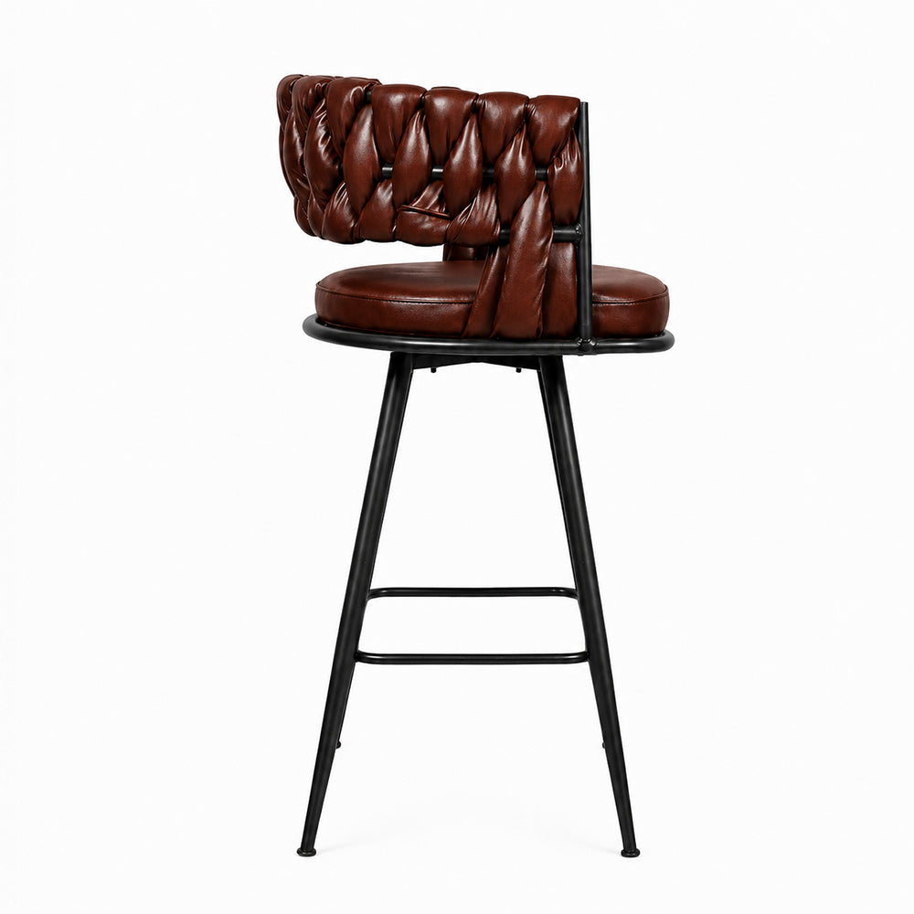 Presley Brown Braided Faux Leather Bar Stool with Black Metal Legs