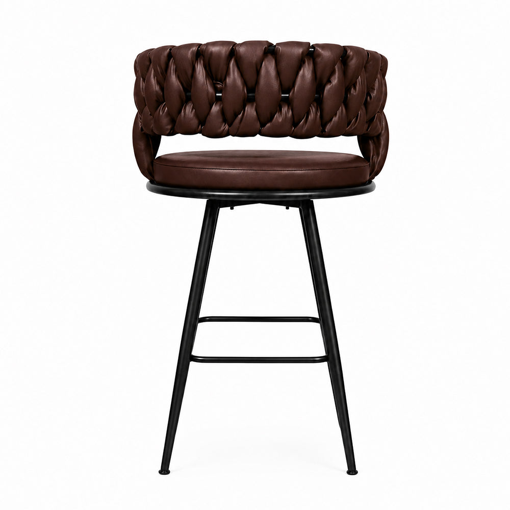 Presley Brown Braided Faux Leather Bar Stool with Black Metal Legs