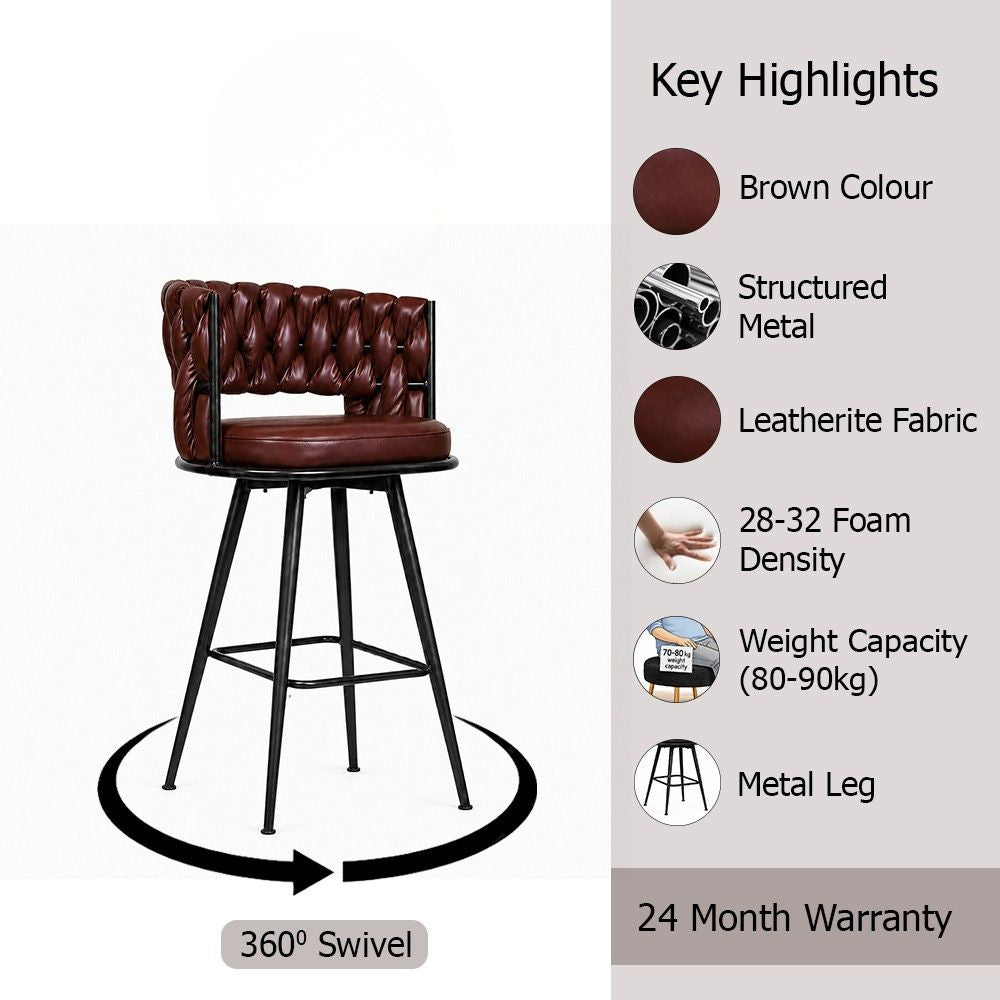 Presley Brown Braided Faux Leather Bar Stool with Black Metal Legs
