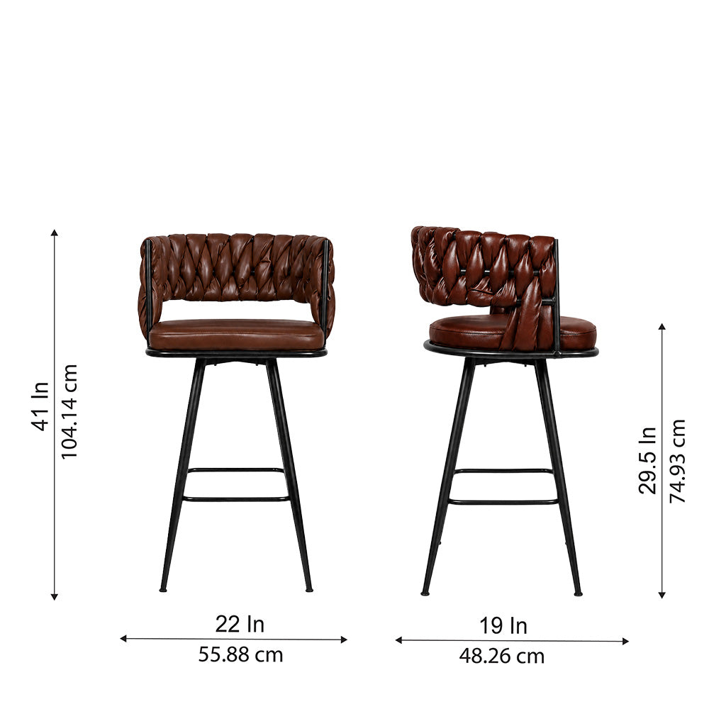 Presley Brown Braided Faux Leather Bar Stool with Black Metal Legs
