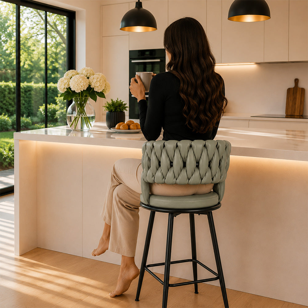 Presley Sage Braided Faux Leather Bar Stool with Black Metal Legs