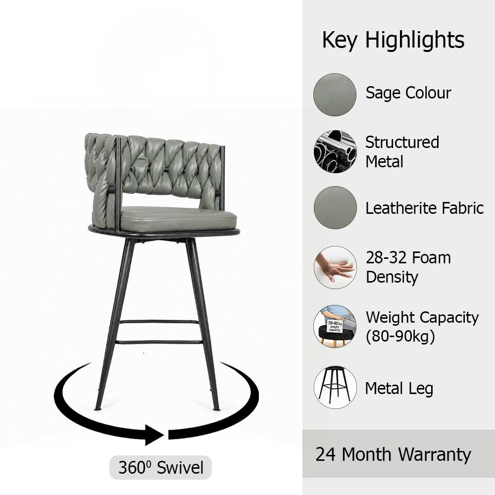 Presley Sage Braided Faux Leather Bar Stool with Black Metal Legs