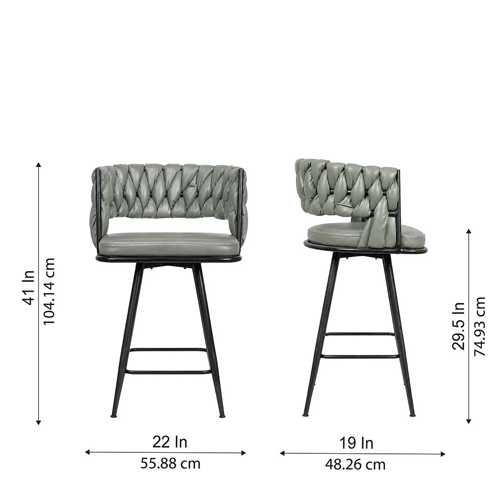 Presley Sage Braided Faux Leather Bar Stool with Black Metal Legs