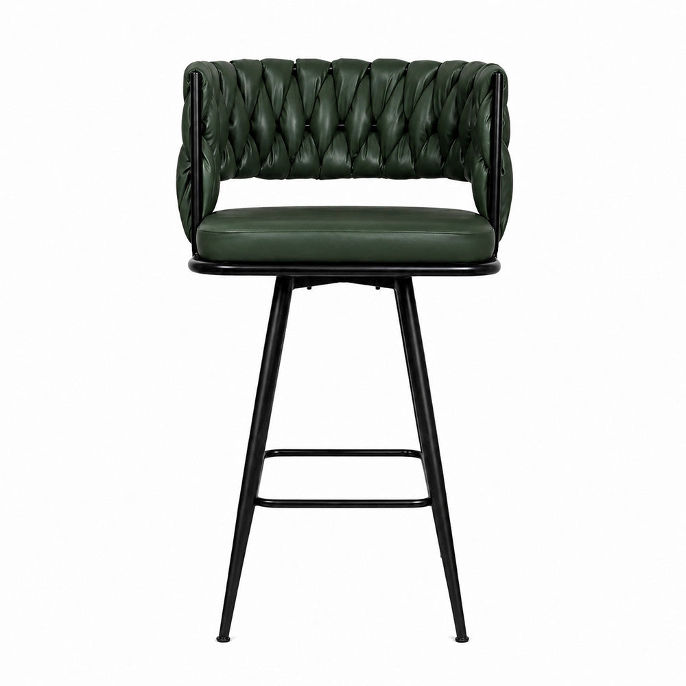 Presley Green Braided Faux Leather Bar Stool with Black Metal Legs