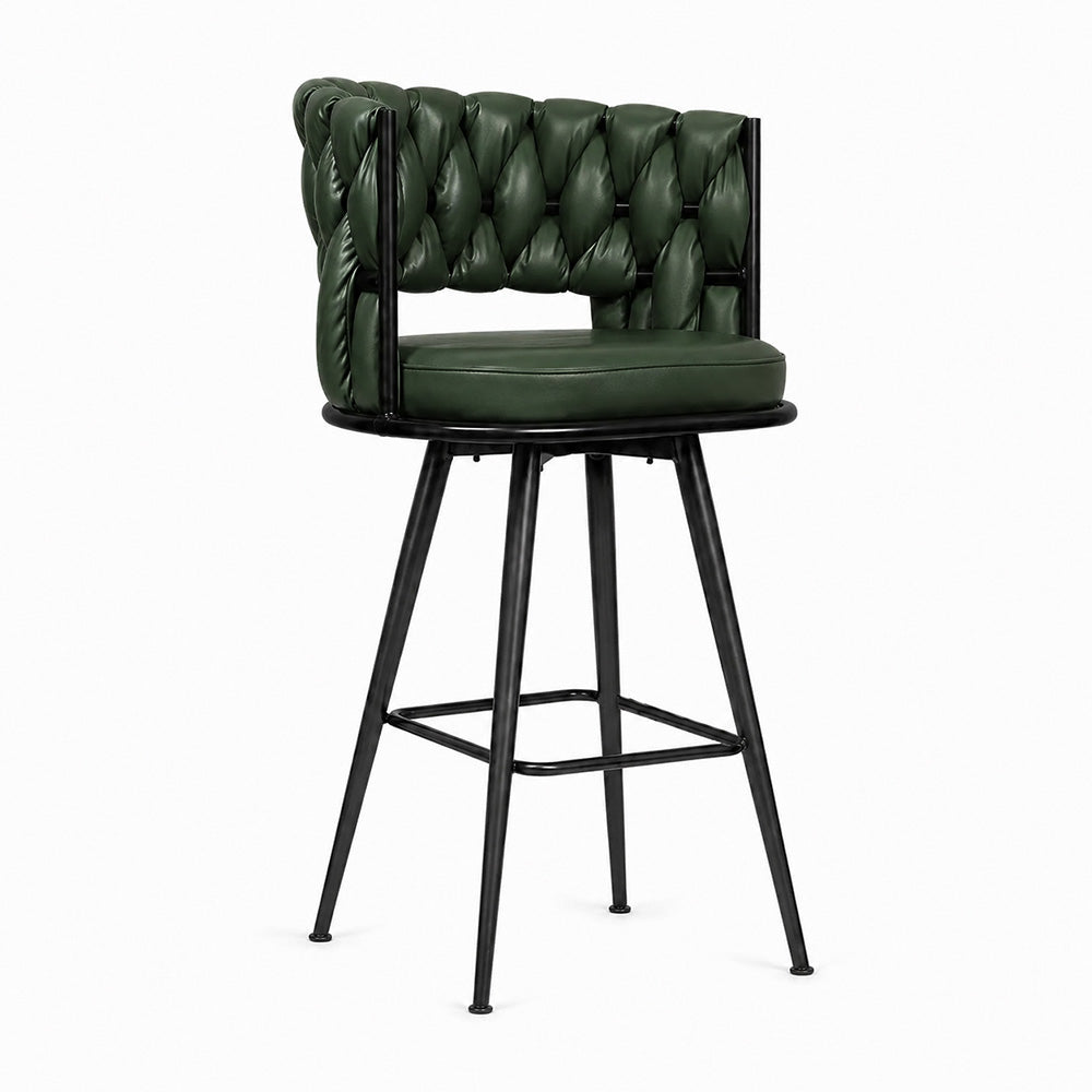 Presley Green Braided Faux Leather Bar Stool with Black Metal Legs