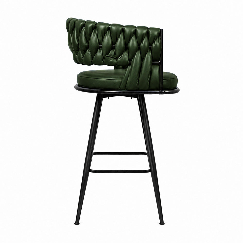 Presley Green Braided Faux Leather Bar Stool with Black Metal Legs