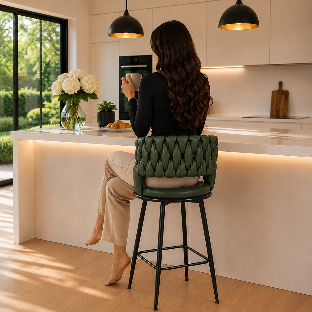 Presley Green Braided Faux Leather Bar Stool with Black Metal Legs