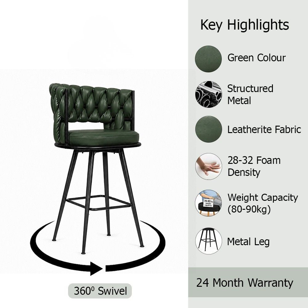 Presley Green Braided Faux Leather Bar Stool with Black Metal Legs