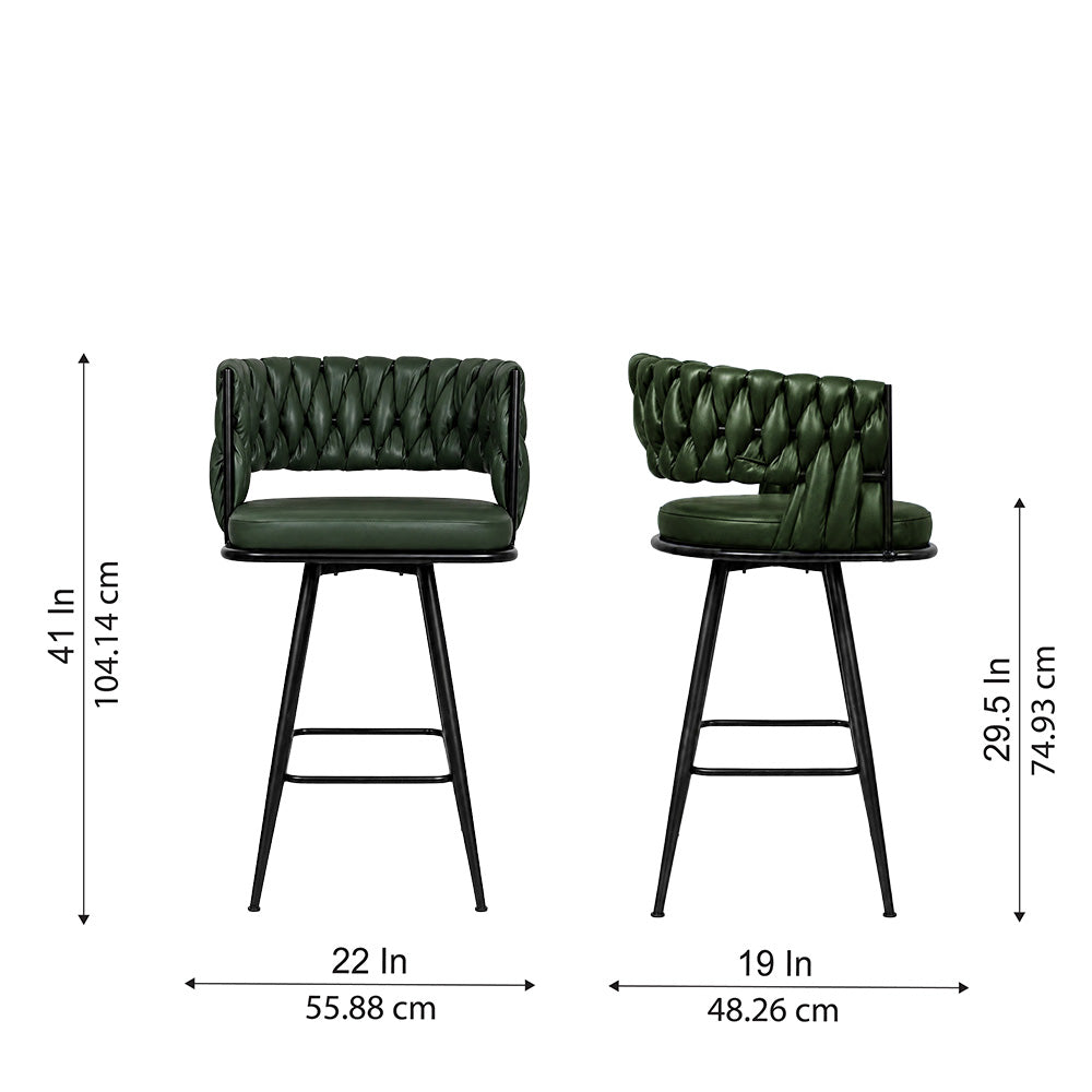 Presley Green Braided Faux Leather Bar Stool with Black Metal Legs