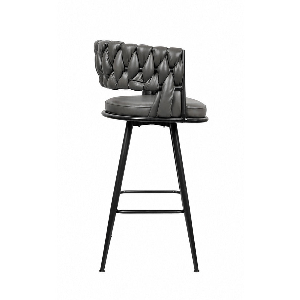 Presley Grey Braided Faux Leather Bar Stool with Black Metal Legs
