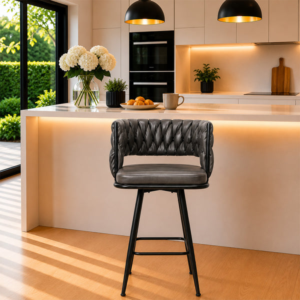 Presley Grey Braided Faux Leather Bar Stool with Black Metal Legs