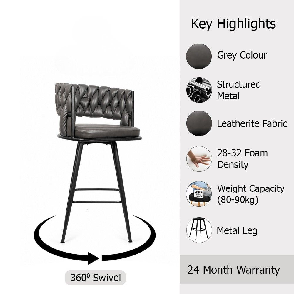 Presley Grey Braided Faux Leather Bar Stool with Black Metal Legs