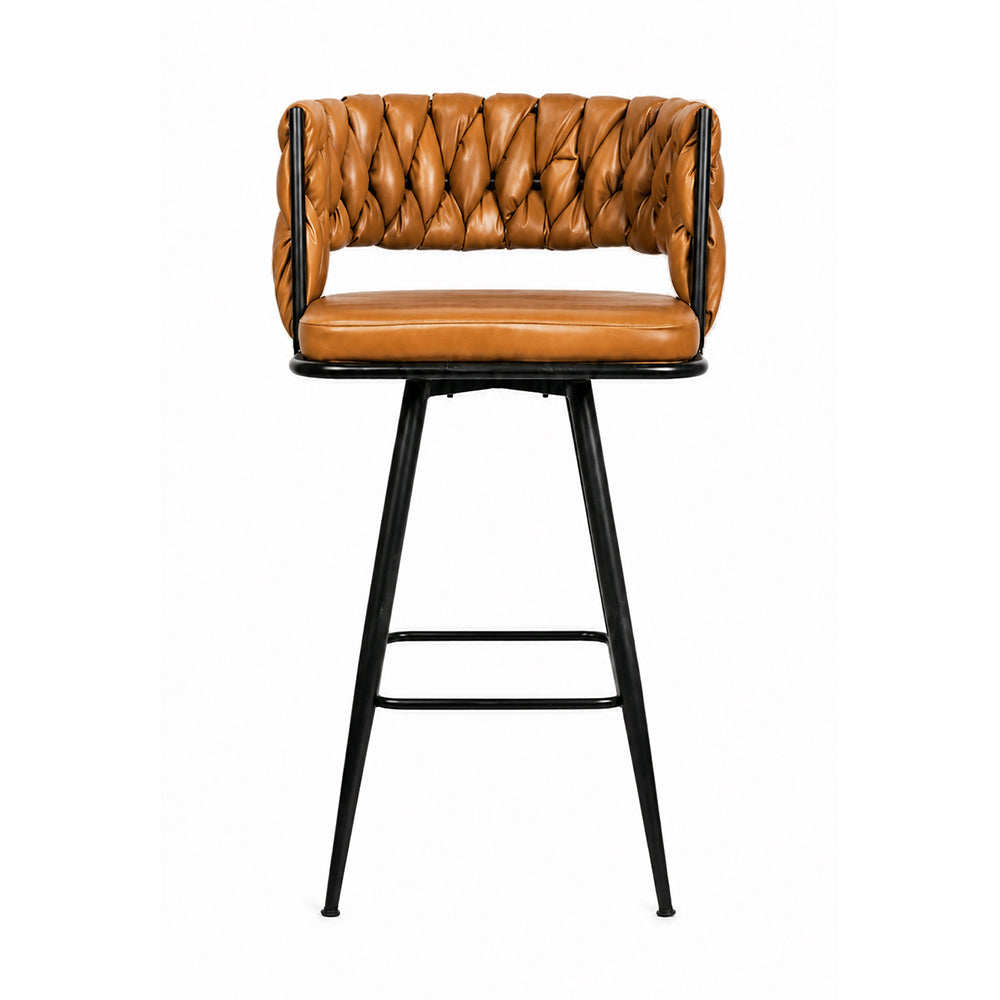 Presley Tan Braided Faux Leather Bar Stool with Black Metal Legs